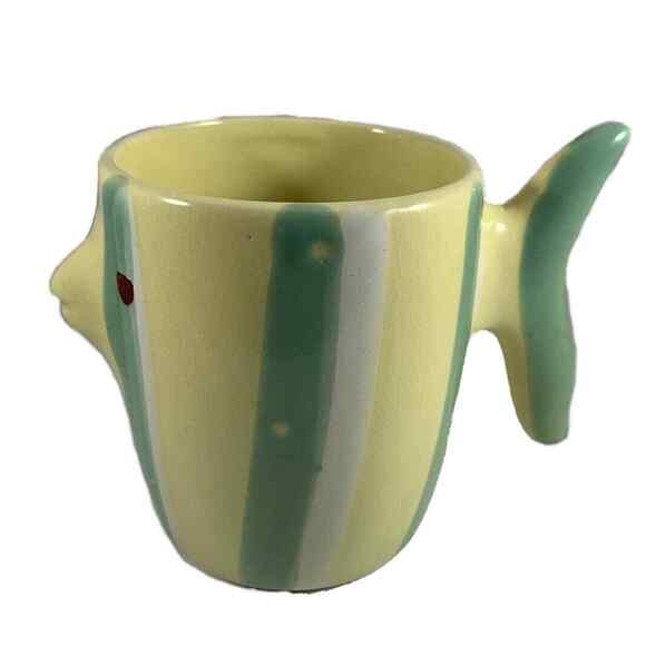 Studio Art 3D Fish Coffee Mug Green Yellow Striped Unsigned Pottery Ceramics - Picture 1 of 5